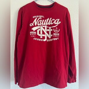 Nautica Men's Long-Sleeve Red Crewneck with White Logo Graphic